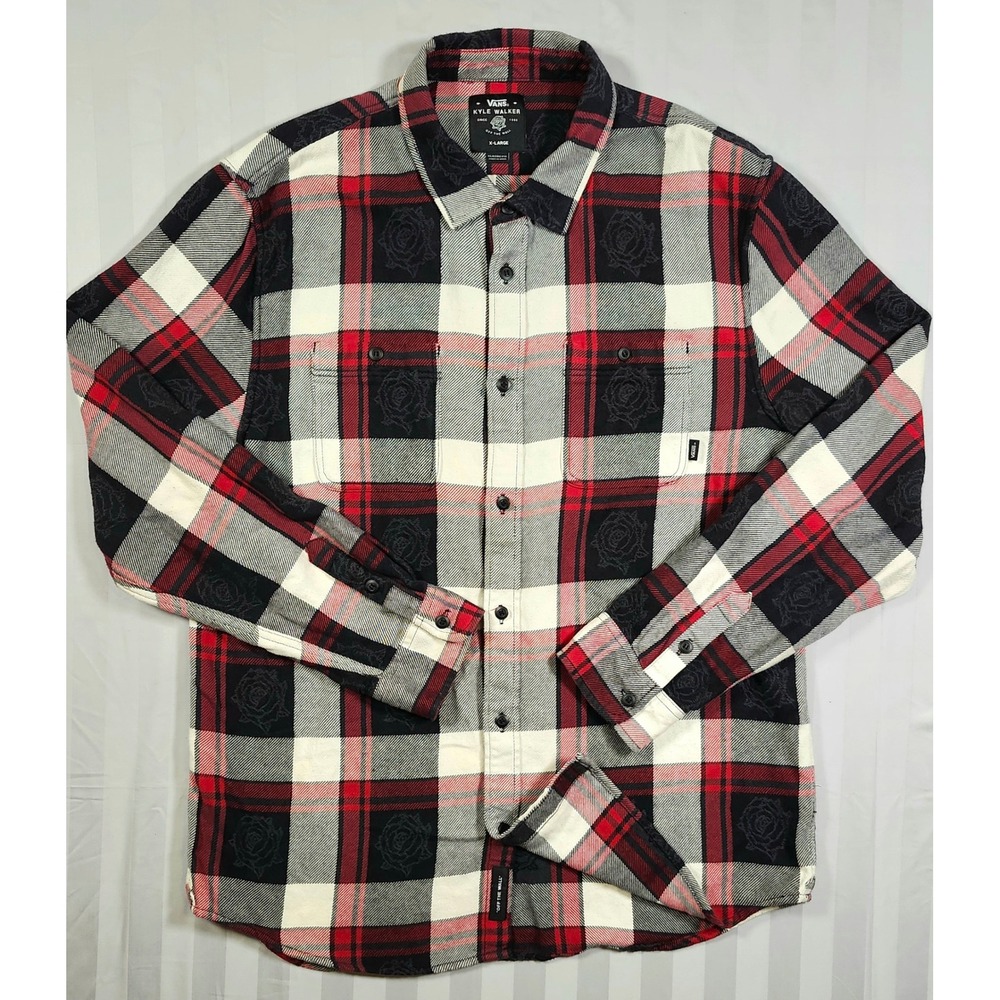 Vans Kyle Walker Rose Plaid Flannel Shirt Mens XL Red Black Button Skate 0031 - Picture 2 of 8